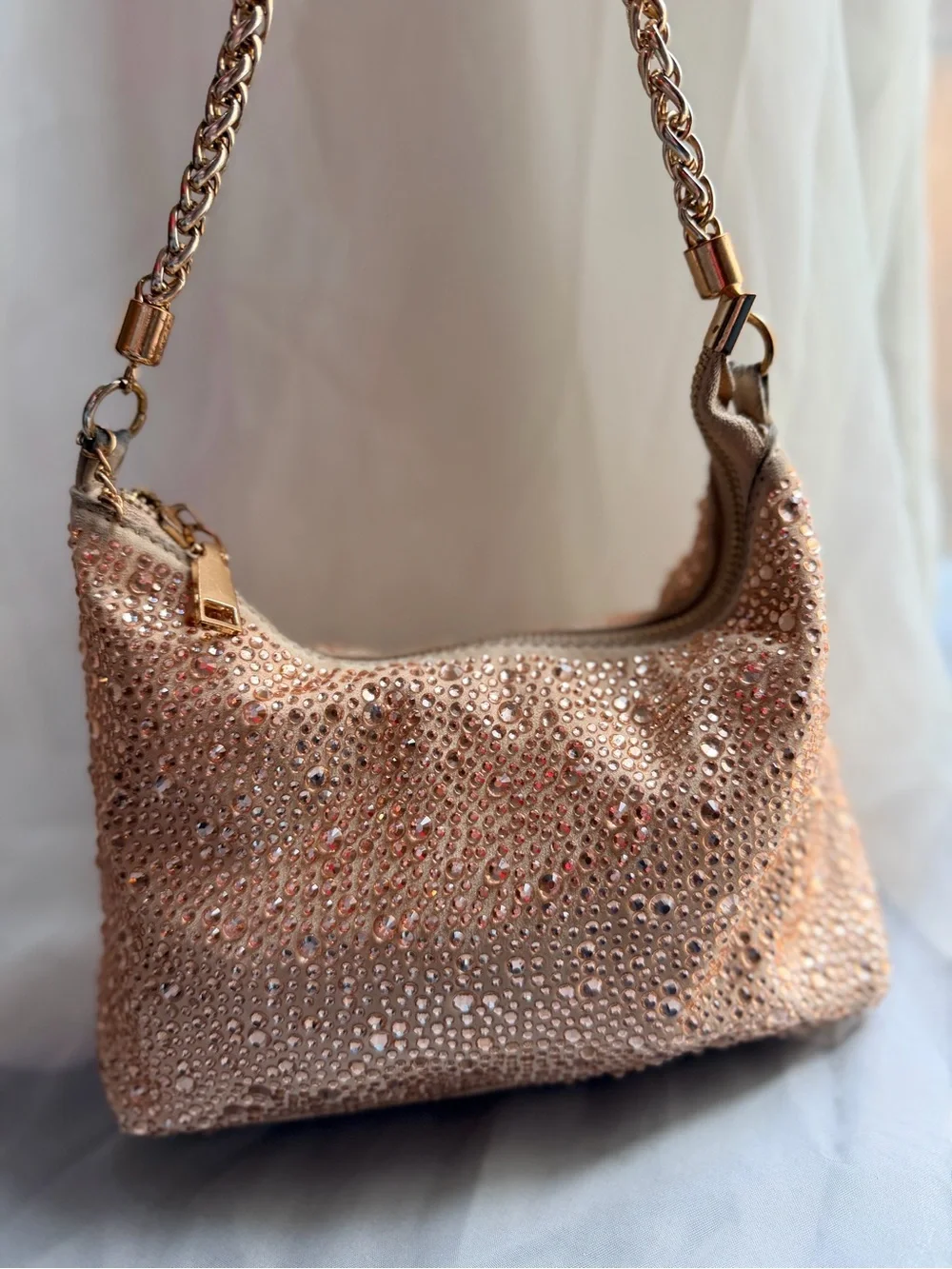 Sparkling Rose Gold Hobo Bag with Gold Chain - Picture 2 of 15